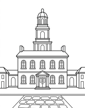 Front view of Independence Hall in Philadelphia with bell tower and arched windows coloring page