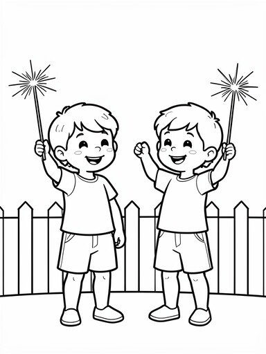 Two smiling boys holding sparkler sticks with burst lines outdoors coloring page