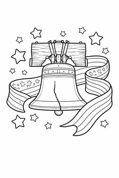 Free printable Independence Day Liberty Bell Stars Ribbon coloring page for kids