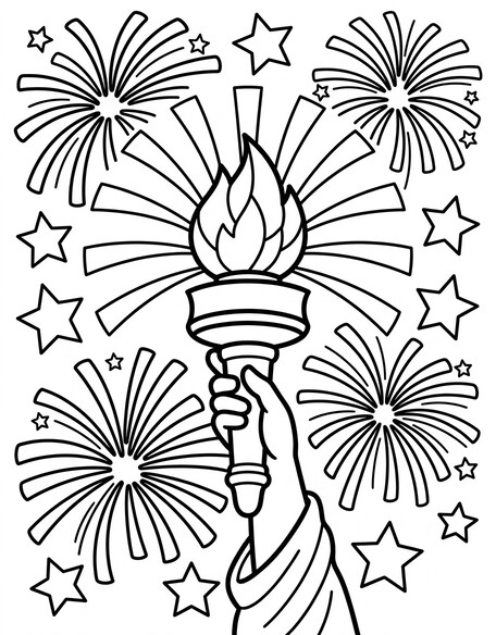 Liberty torch fireworks coloring page with stars PDF preview