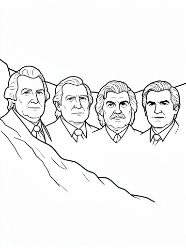 Four presidential faces of Mount Rushmore carved in mountain rock coloring page