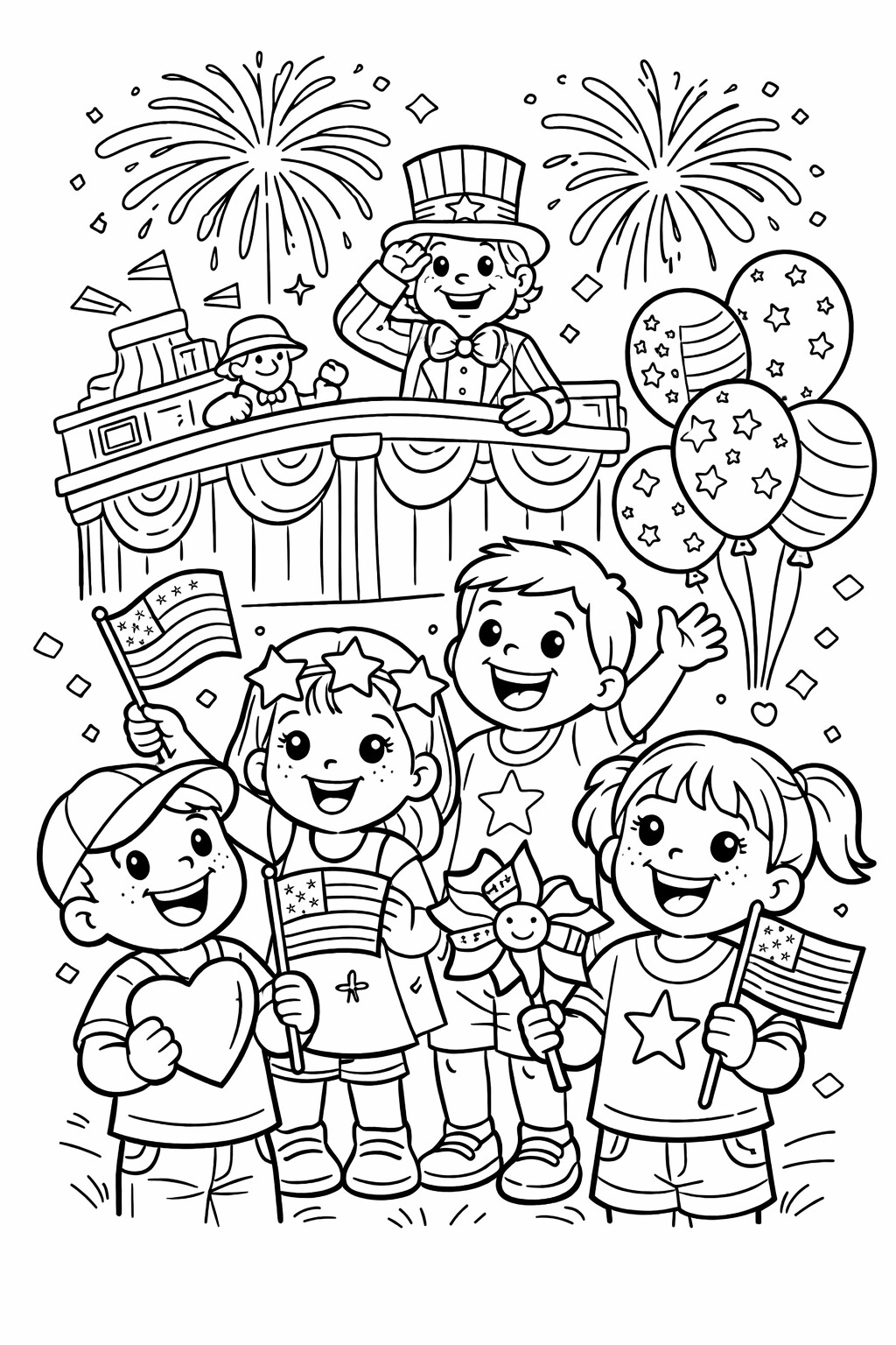 Free printable Independence Day Parade Kids coloring page for kids
