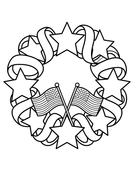 Patriotic star wreath coloring page with flags PDF preview