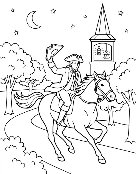 Paul Revere's midnight ride coloring page showing a rider on horseback with church steeple lantern PDF preview