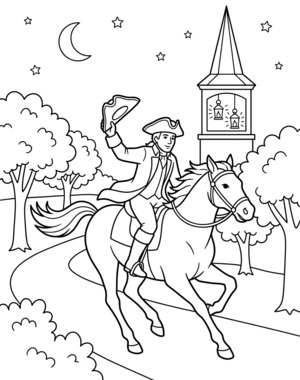 Paul Revere on horseback galloping past the Old North Church at night coloring page