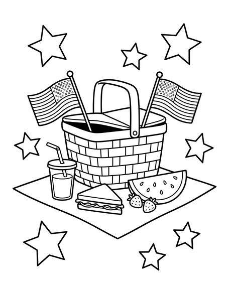 Picnic basket and flags coloring page with summer food PDF preview
