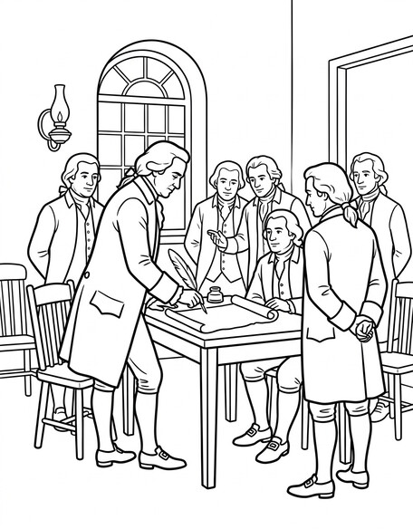 Signing the Declaration of Independence coloring page showing founders gathered at a table with quill and parchment PDF preview