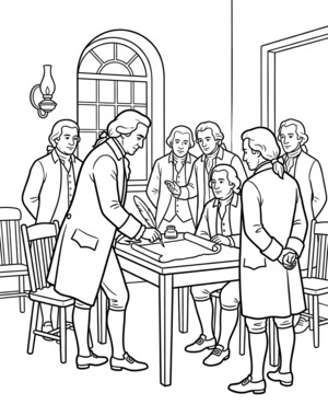 Founding fathers gathered around a table signing the Declaration of Independence coloring page