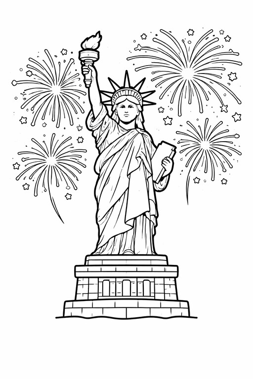 Statue of Liberty and fireworks coloring page PDF preview