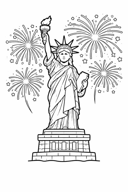 Free printable Independence Day Statue Liberty Fireworks coloring page for kids