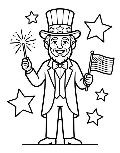 Uncle Sam sparkler coloring page with a small flag PDF preview