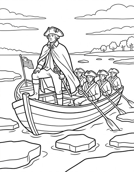 Washington crossing the Delaware coloring page showing soldiers in a boat with ice on the river PDF preview