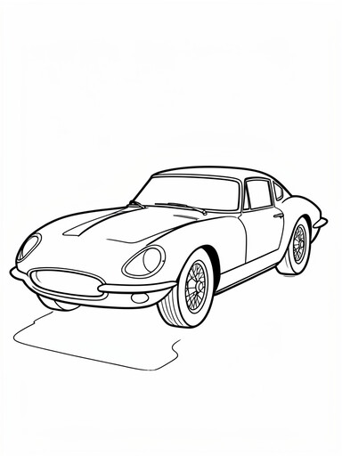 Classic Jaguar E-Type coloring page showing a long low 1960s roadster with faired-in round headlights