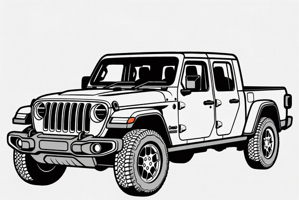 Jeep Gladiator coloring page showing a midsize pickup with seven-slot grille, fender flares, and a tailgate PDF preview