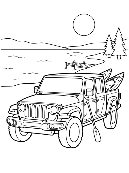 Jeep Gladiator with Kayaks at the Lake coloring page