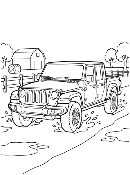 Jeep Gladiator on a Muddy Farm Road coloring page