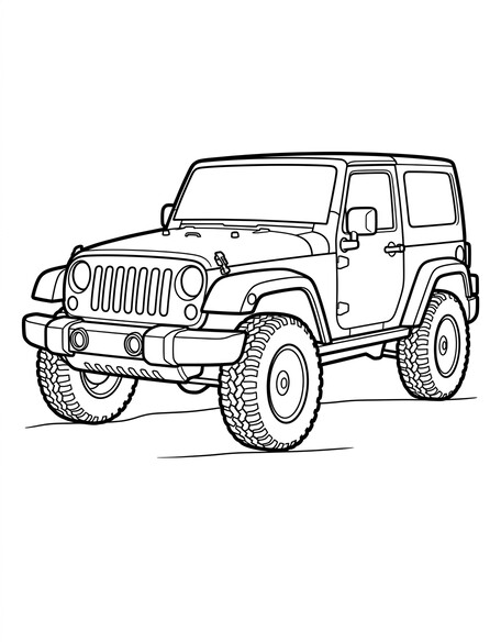 Jeep Wrangler coloring page showing a two-door Rubicon with seven-slot grille, fender flares, and off-road tires PDF preview