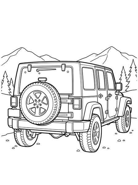 Jeep Wrangler Rear View with Spare Tire coloring page