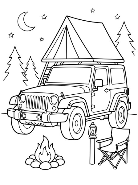 Jeep Wrangler Rooftop Tent Camping coloring page