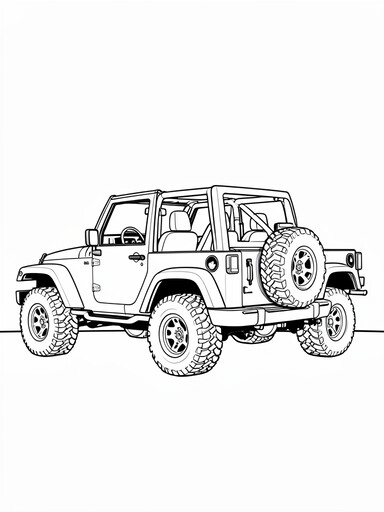 Jeep Wrangler Rubicon coloring page showing an open-top SUV with doors off, a roll bar, and a spare tire