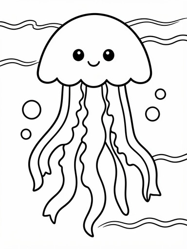 Jellyfish coloring page showing a smiling jellyfish with a rounded bell and long wavy tentacles, with bubbles rising