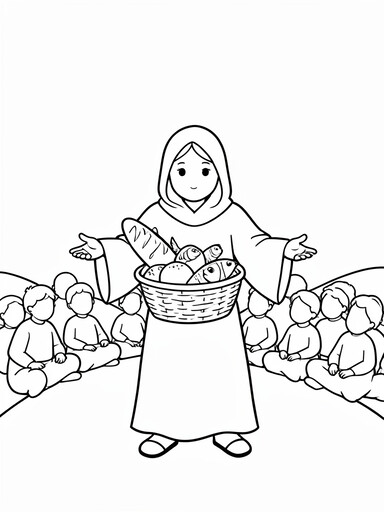 Robed figure holding a large basket of bread and fish with a crowd seated on a hillside behind, coloring page