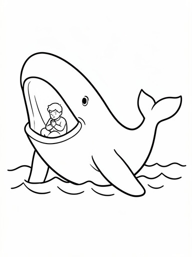 Large whale with open mouth and a praying man visible inside the whale's belly coloring page