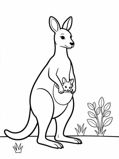 Kangaroo coloring page showing a mother kangaroo standing with a joey peeking from her pouch
