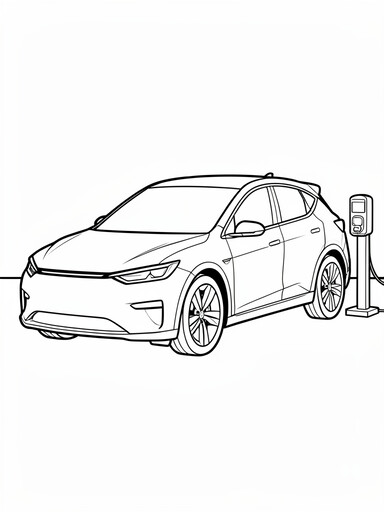 Kia EV6 coloring page showing an electric crossover with a sloped roofline parked at a charging post