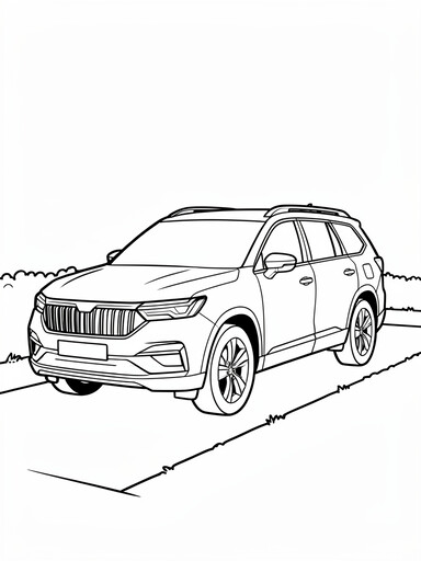 Kia Telluride coloring page showing a boxy three-row SUV with a wide grille parked in a driveway
