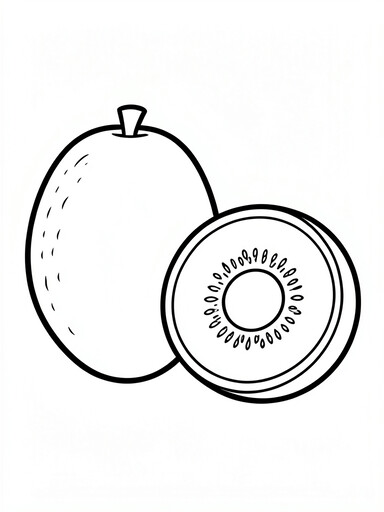 Kiwi coloring page showing a whole fuzzy kiwi and a halved kiwi with seeds PDF preview