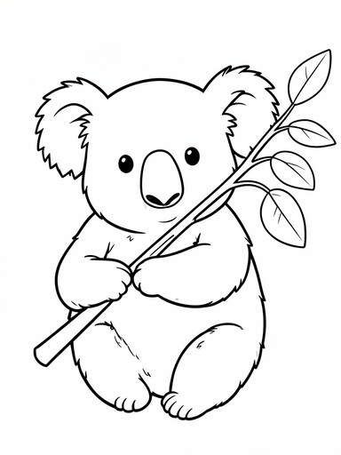 Round fluffy koala hugging a eucalyptus branch with oval leaves coloring page