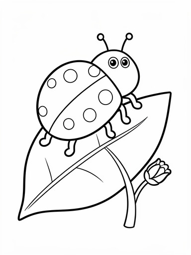 Ladybug coloring page showing a round ladybug with spotted wing covers resting on a large leaf with a flower bud