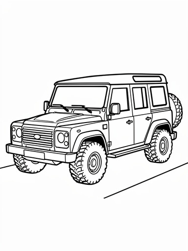 Land Rover Defender coloring page showing a boxy off-road SUV with exposed door hinges and square alpine windows