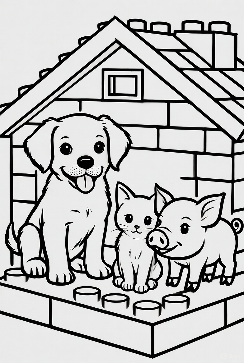 Lego Dog Cat Pig coloring page showing three block-style animals grouped together in one simple printable scene PDF preview