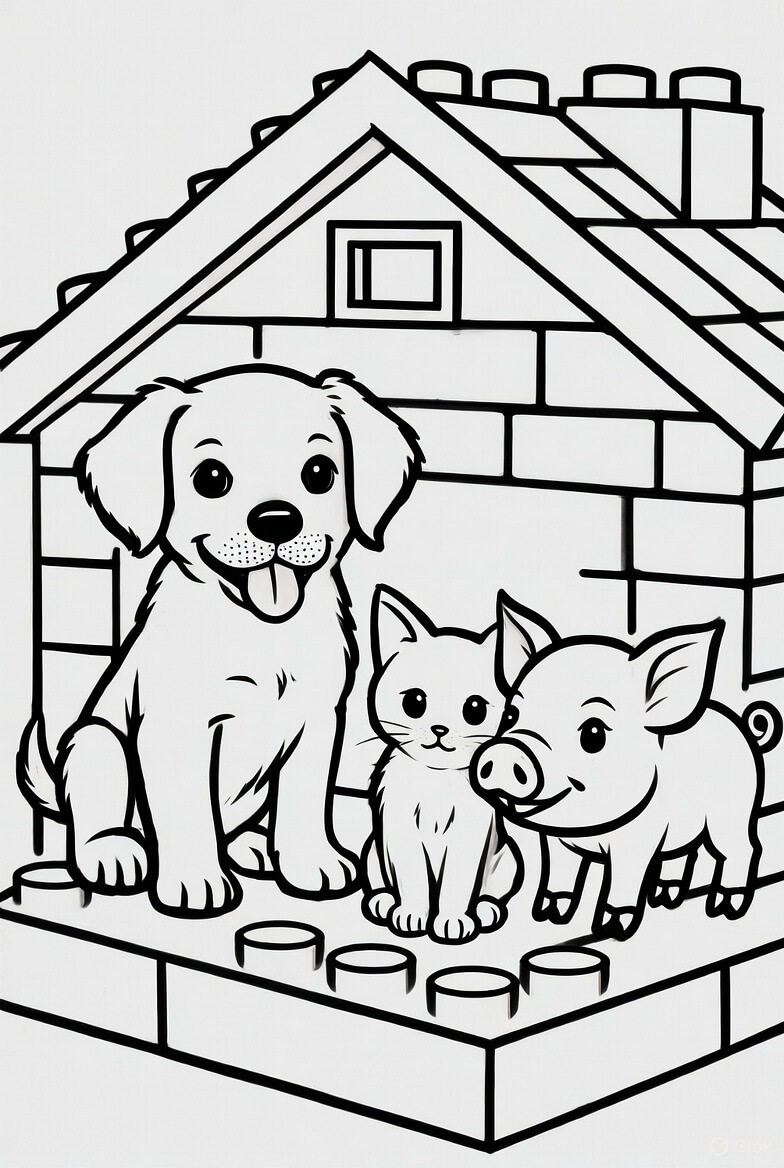 Puppy Kitten Pig Lego House Coloring Page