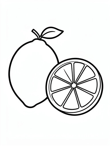 Lemon coloring page showing a whole lemon with a leaf and a segmented slice PDF preview