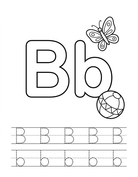 Letter B coloring page with butterfly, tracing letters, and handwriting lines PDF preview