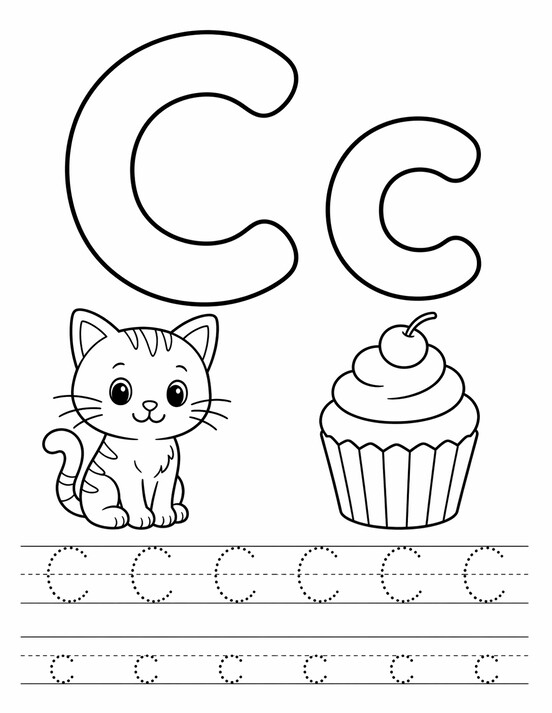 Letter C coloring page with cat, tracing letters, and handwriting lines PDF preview