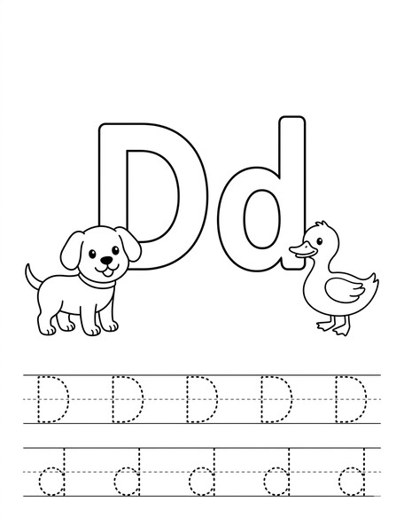 Letter D coloring page with dog, tracing letters, and handwriting lines PDF preview