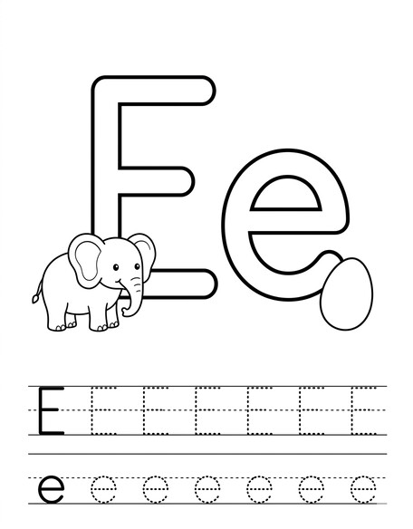Letter E coloring page with elephant, tracing letters, and handwriting lines PDF preview