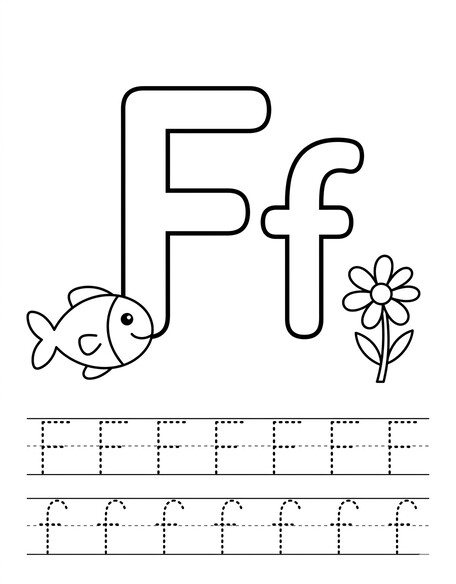 Letter F coloring page with fish, tracing letters, and handwriting lines PDF preview