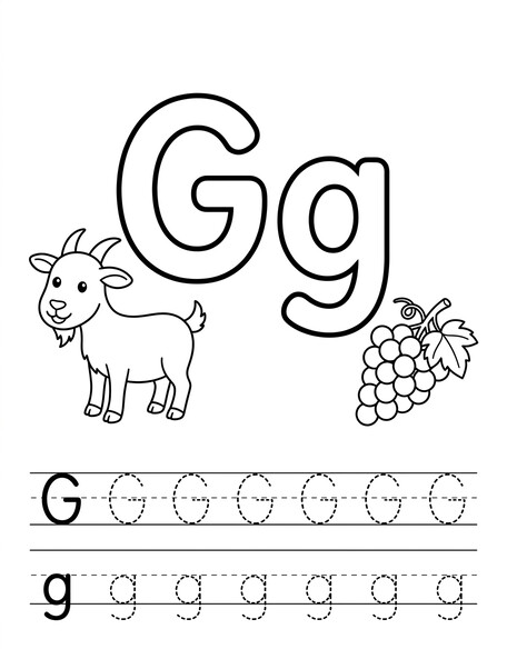 Letter G coloring page with giraffe, tracing letters, and handwriting lines PDF preview