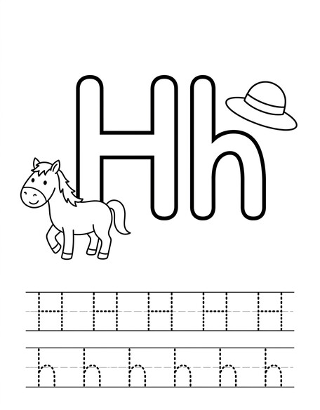 Letter H coloring page with horse, tracing letters, and handwriting lines PDF preview