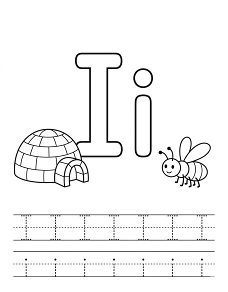Letter I coloring page with ice cream, tracing letters, and handwriting lines PDF preview