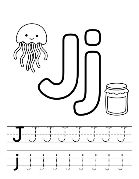 Letter J coloring page with jellyfish, tracing letters, and handwriting lines PDF preview