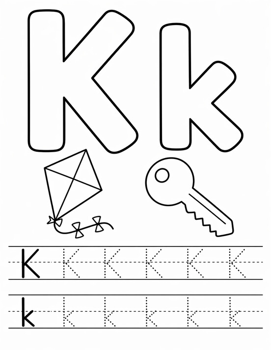 Letter K coloring page with koala, tracing letters, and handwriting lines PDF preview