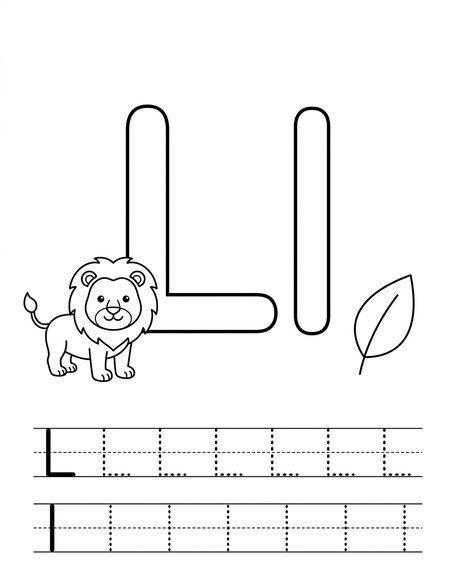 Letter L coloring page with lion, tracing letters, and handwriting lines PDF preview