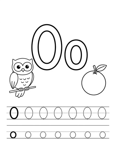 Letter O coloring page with octopus, tracing letters, and handwriting lines PDF preview