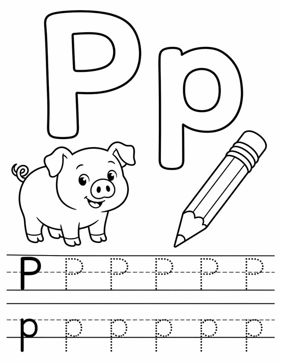 Letter P coloring page with penguin, tracing letters, and handwriting lines PDF preview